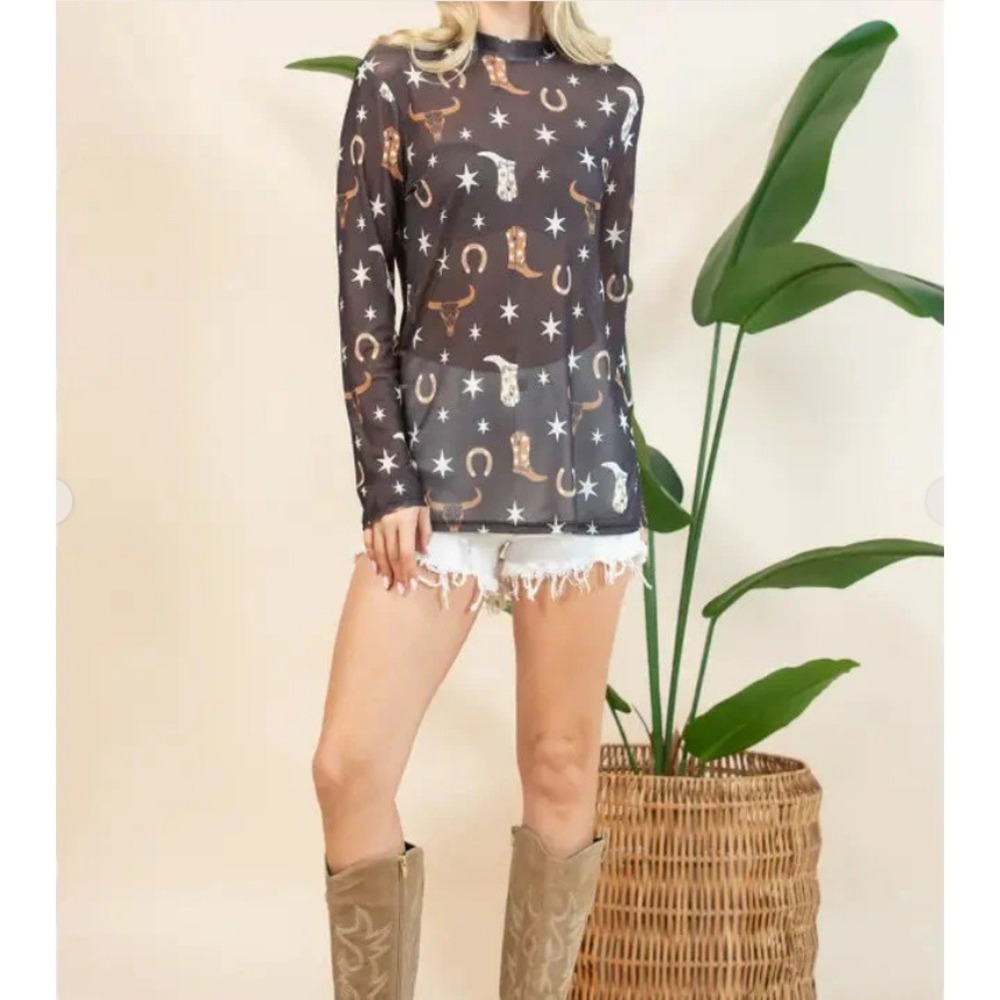 Unbranded Western Mesh Top Womens Large Brown Saddle Boot Print Mock Neck